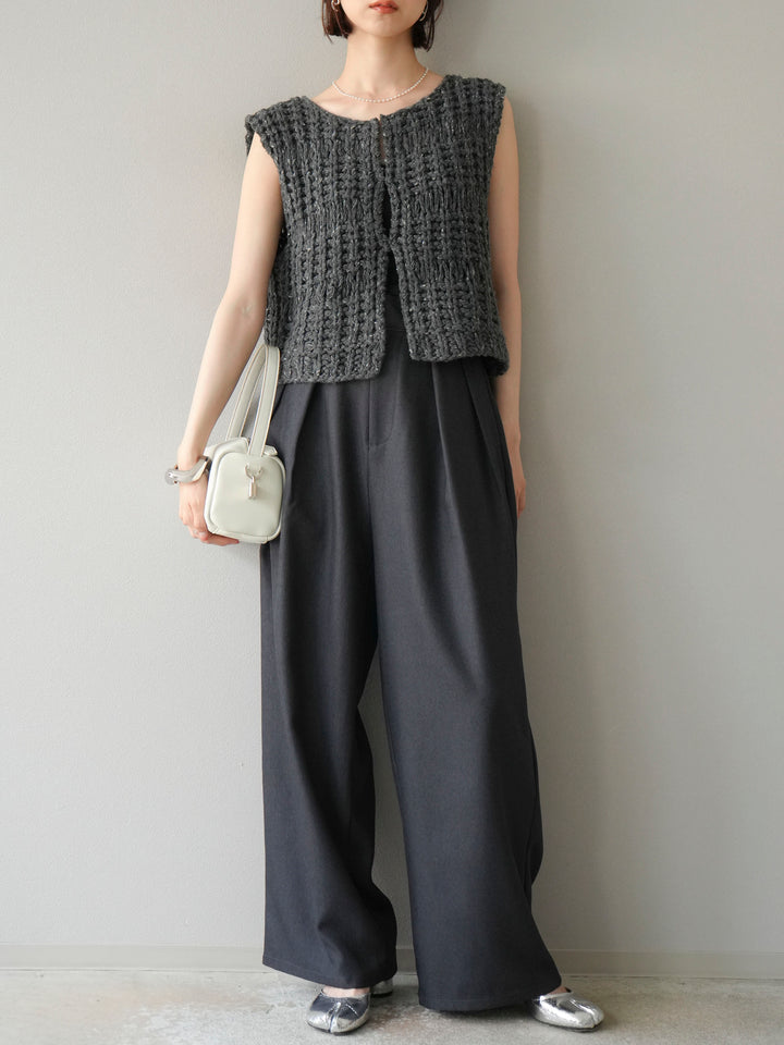 [予約]レザーパイピングタックワイドパンツ/グレー