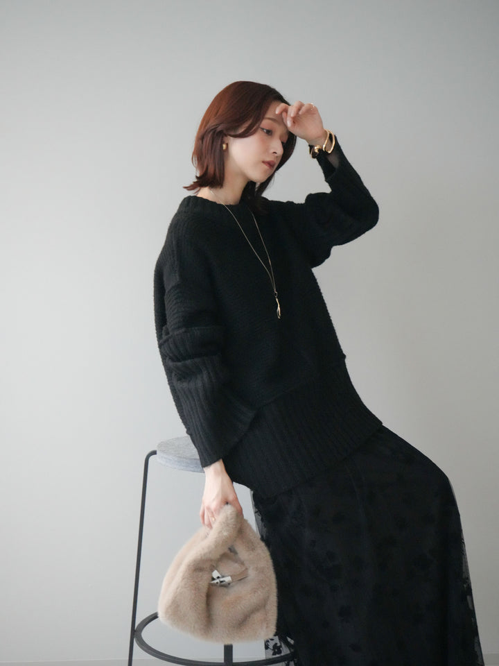 [SET]編み地切替ボトルネックニットプルオーバー+フラワーフロッキーチュールプリーツスカート(2set)