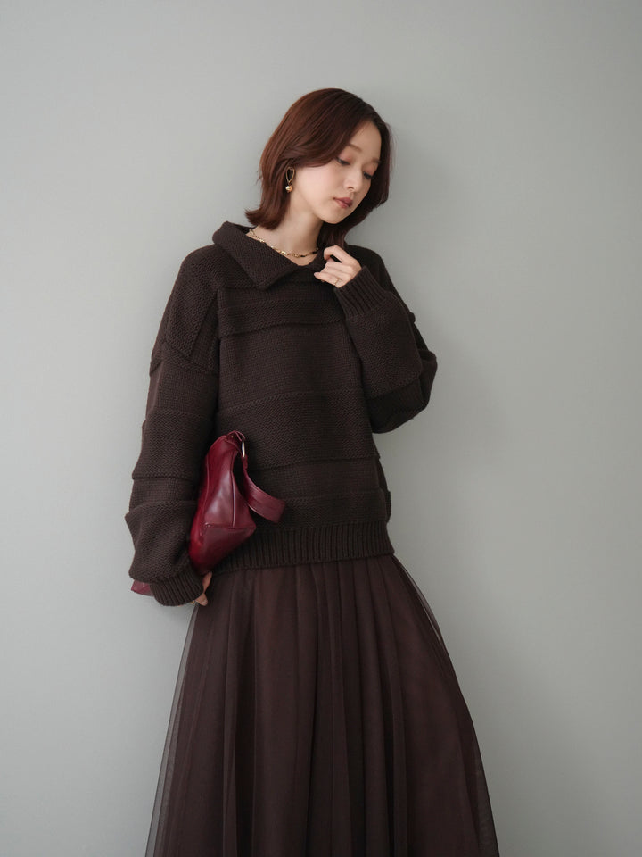 [SET]襟付きボーダー編みニットプルオーバー+チュールボリュームスカート(2set)
