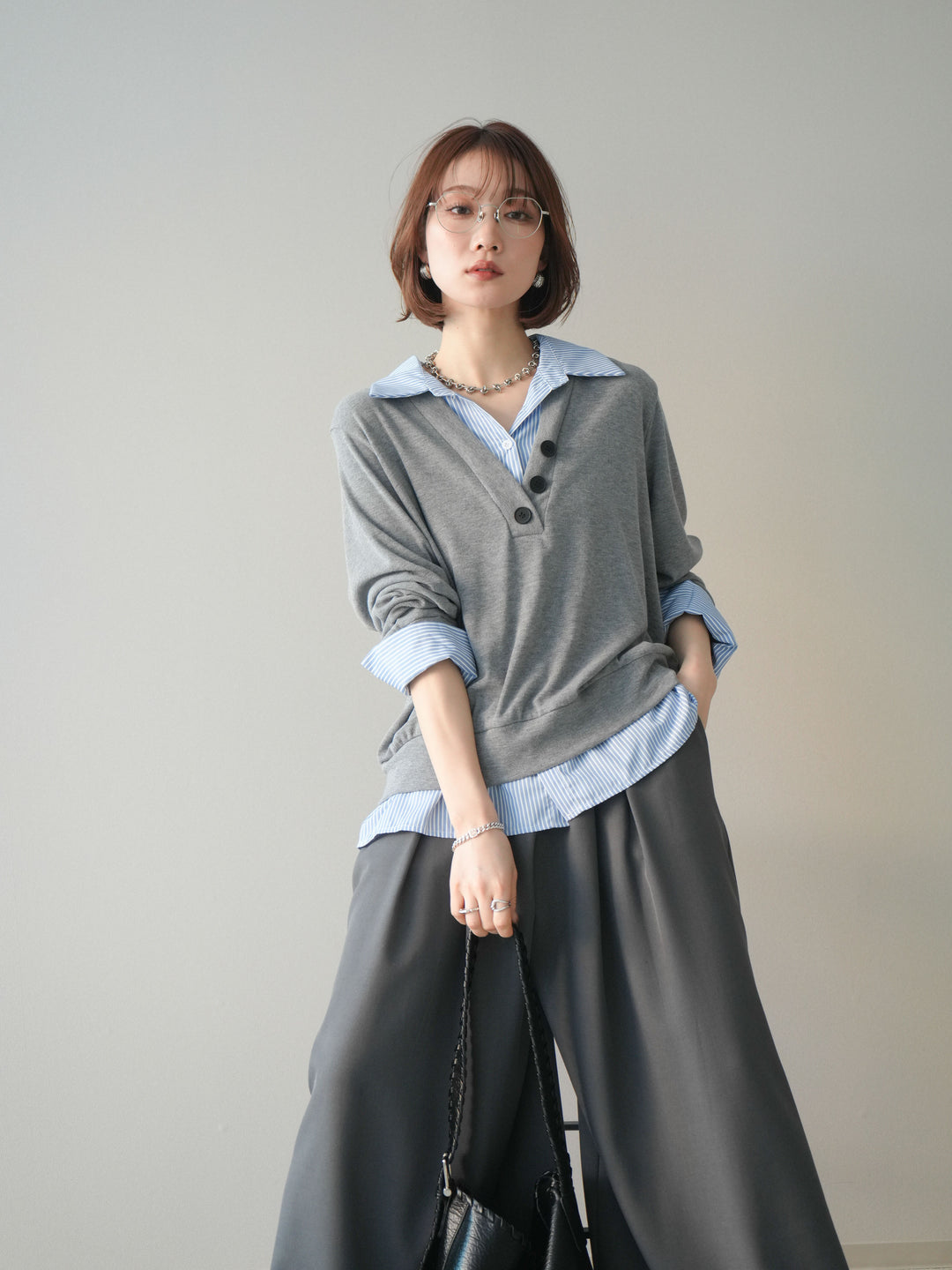 [予約]シャツレイヤードデザインカットプルオーバー/lightgray
