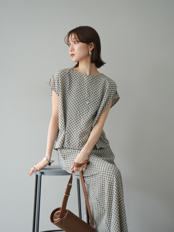 [予約]チェック柄タックデザインフレンチスリーブトップス/ブラウン