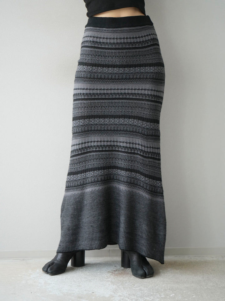 [予約]ガーター編みニットロングスカート/グレー×ブラック