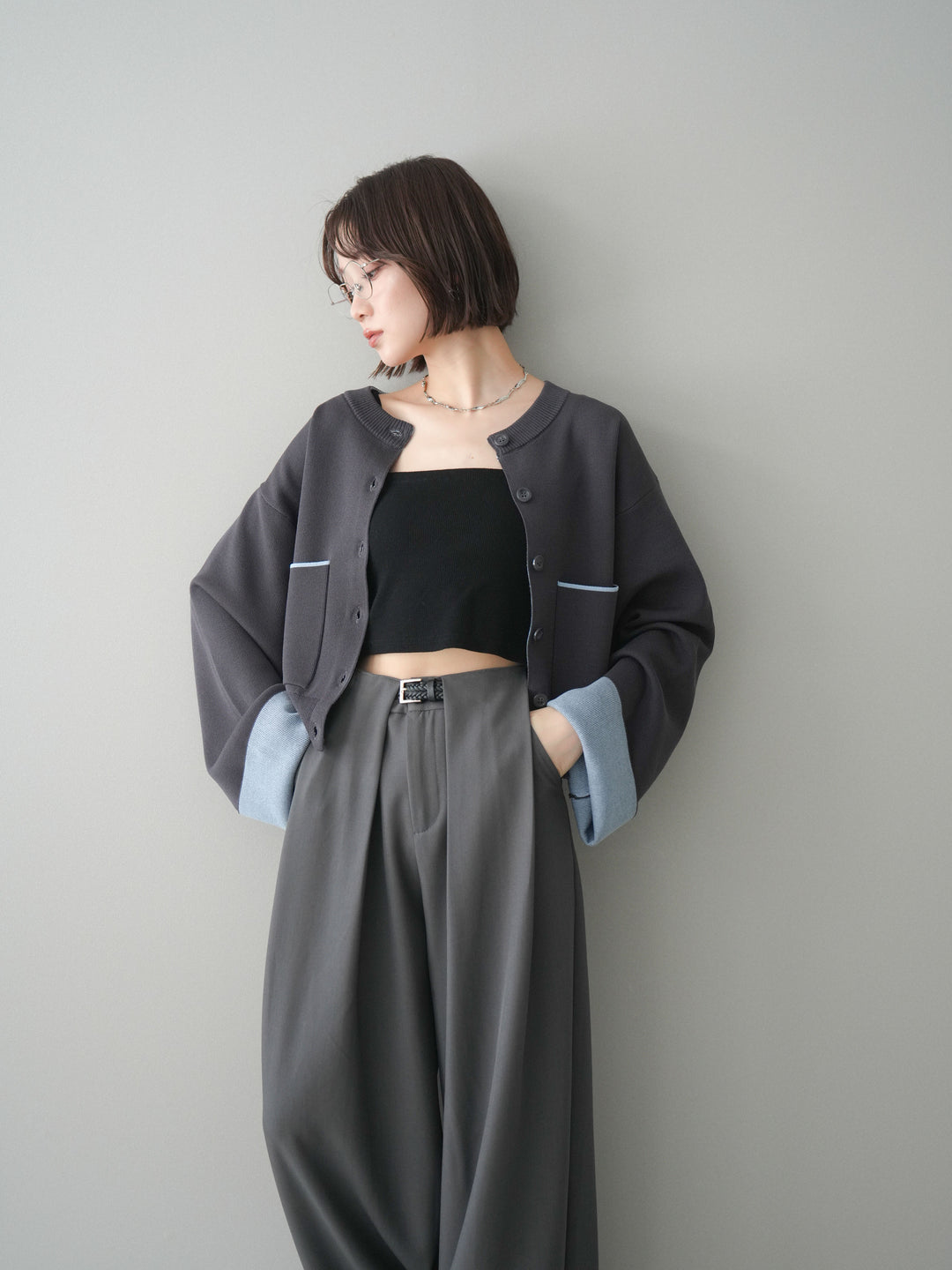 [SET]レーヨンポリダブルフェイスニットカーディガン+ベルトループデザインワイドパンツ(2set)