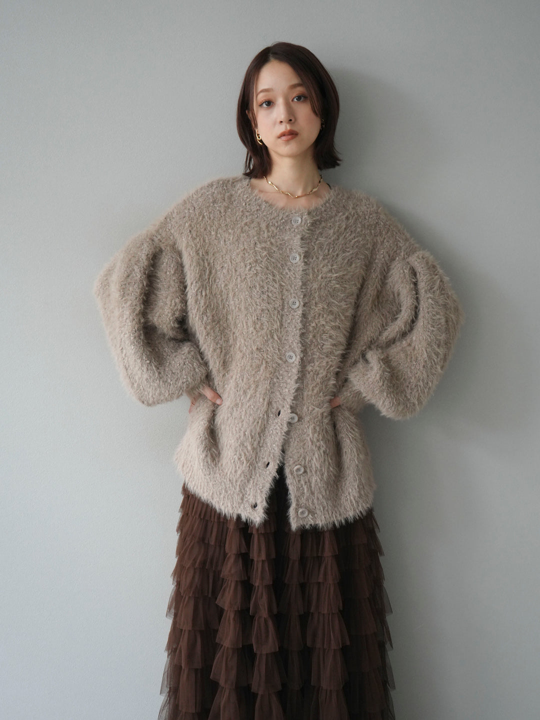 [予約]クルーネックランダムシャギーカーディガン/グレージュ