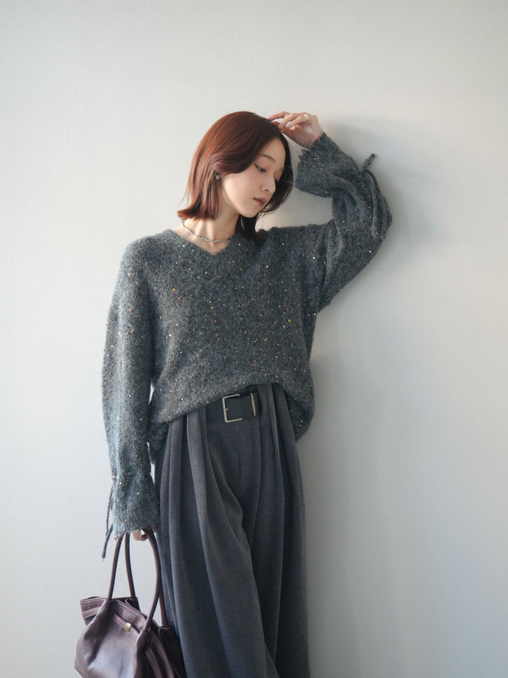 [SET]キャンディースリーブカラーネップスパンコールニットプルオーバー+ベルトデザインループコールテンワイドパンツ(ベルト付き)(2set)