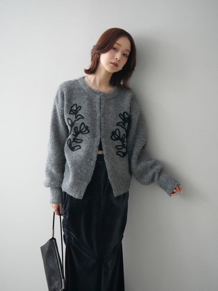 [SET]テープ刺繍ホック開きブークレニットカーディガン+選べるアクセセット(2set)