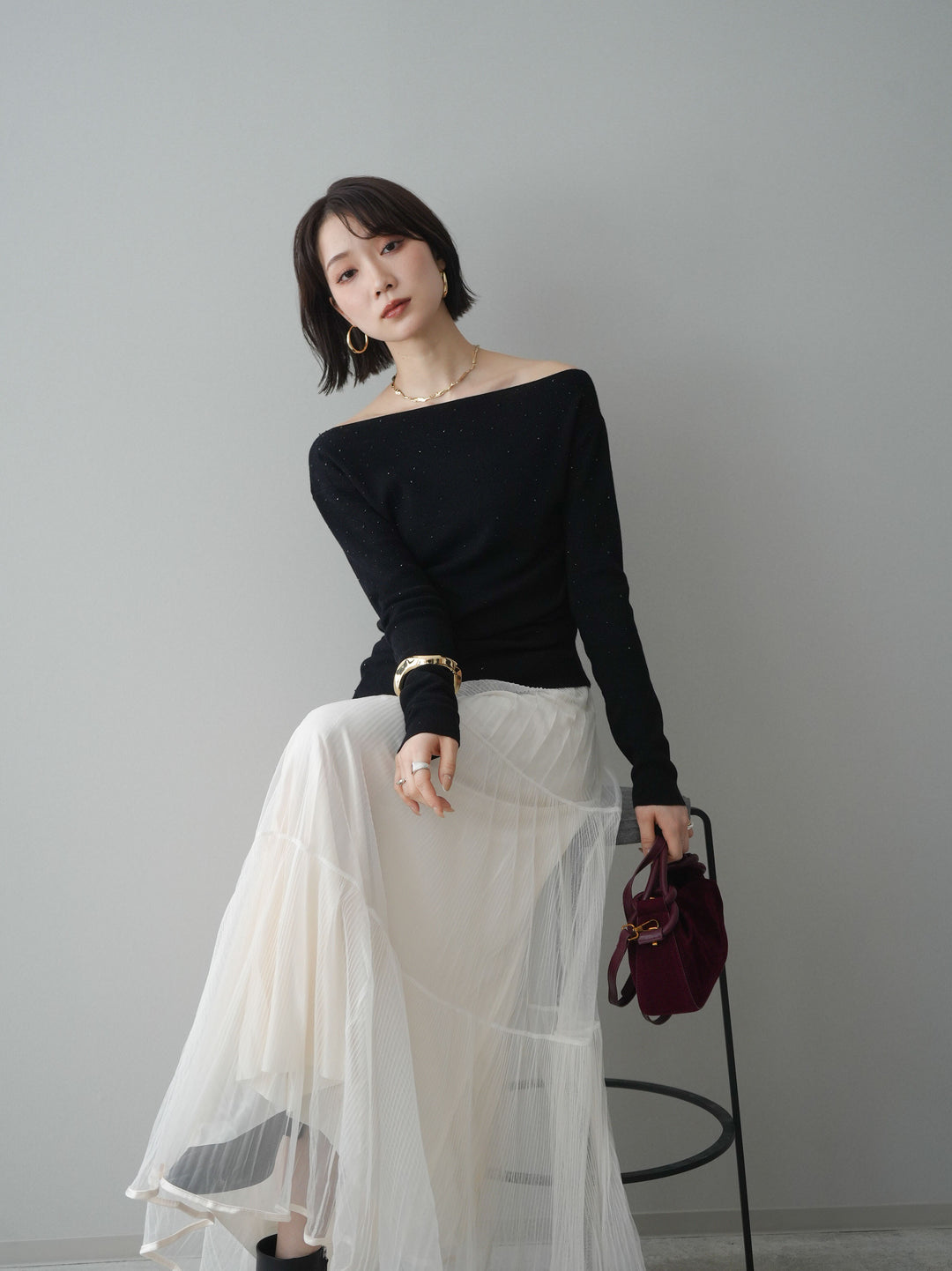 [予約]ラインストーンアシンメトリーニットトップス/black