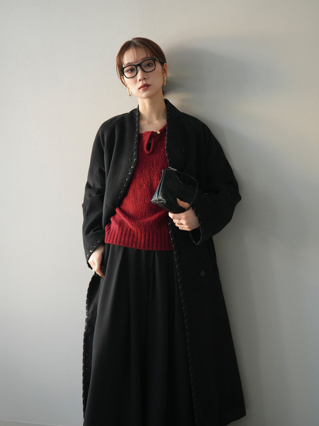 [予約]ハンドステッチ裏中綿ロングコート/black