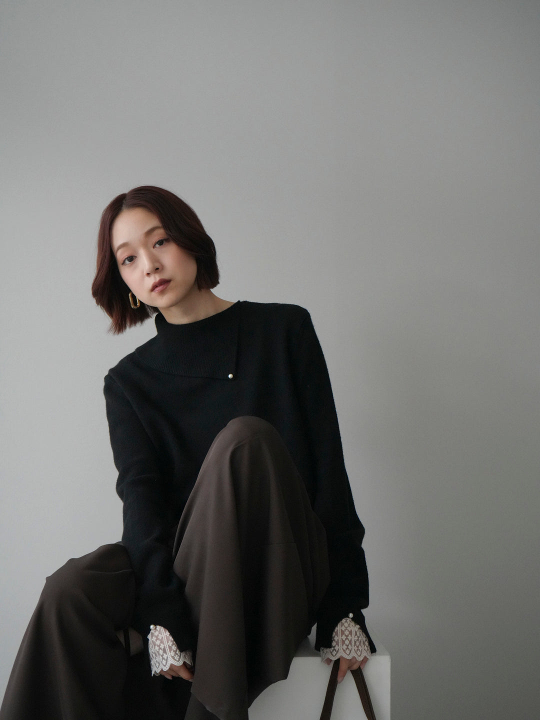 [SET]袖レースパール付き配色ニットトップス+テープベルトタックバギーパンツ(2set)