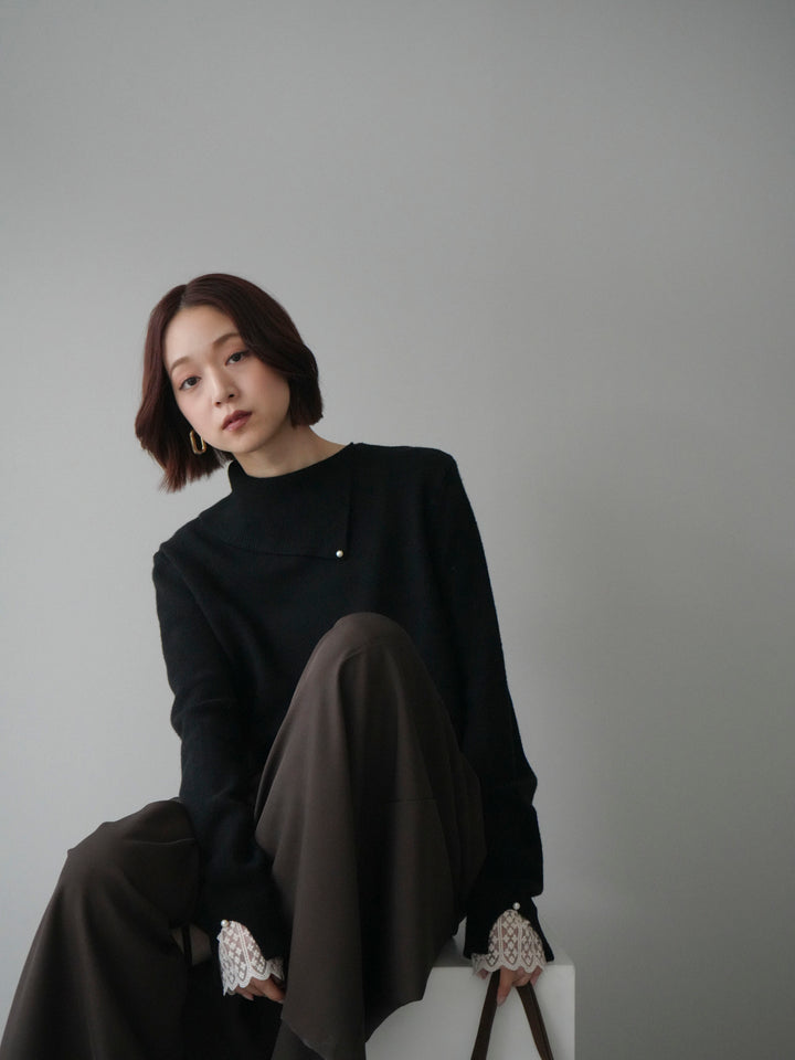 [SET]袖レースパール付き配色ニットトップス+テープベルトタックバギーパンツ(2set)