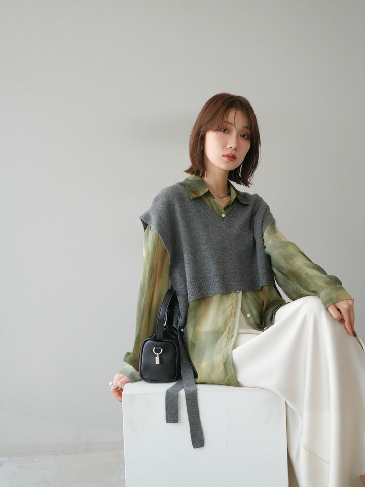 [予約]サイドリボンVネックショートニットベスト/チャコール