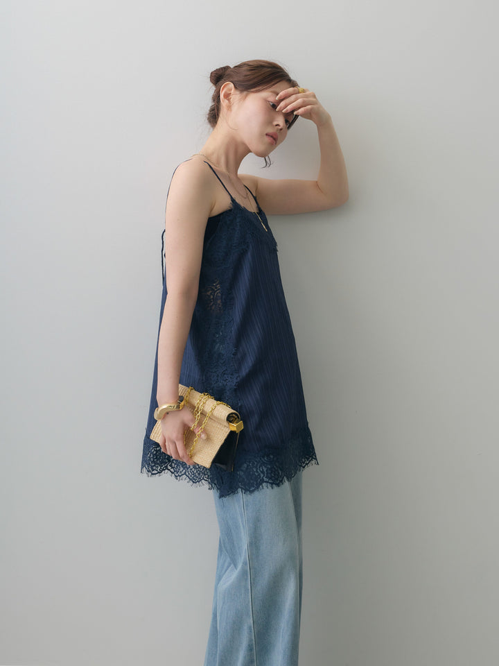 [予約]ワッシャーテクスチャーレーストリムキャミソール/navy