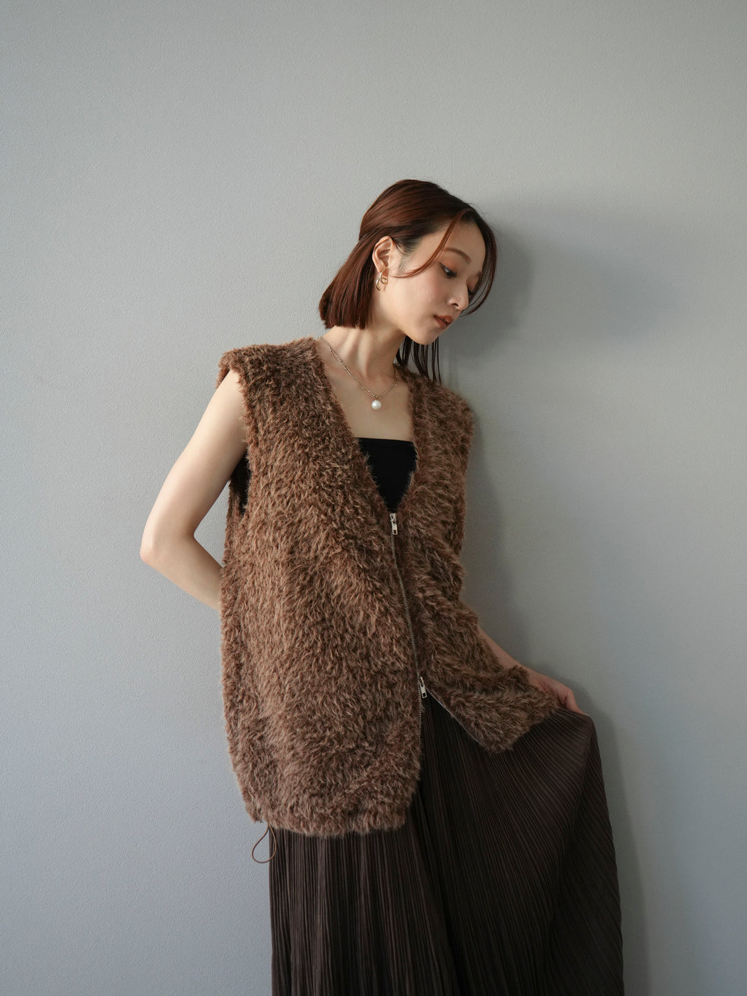 [予約]ダブルZIPループシャギーベスト/ブラウン