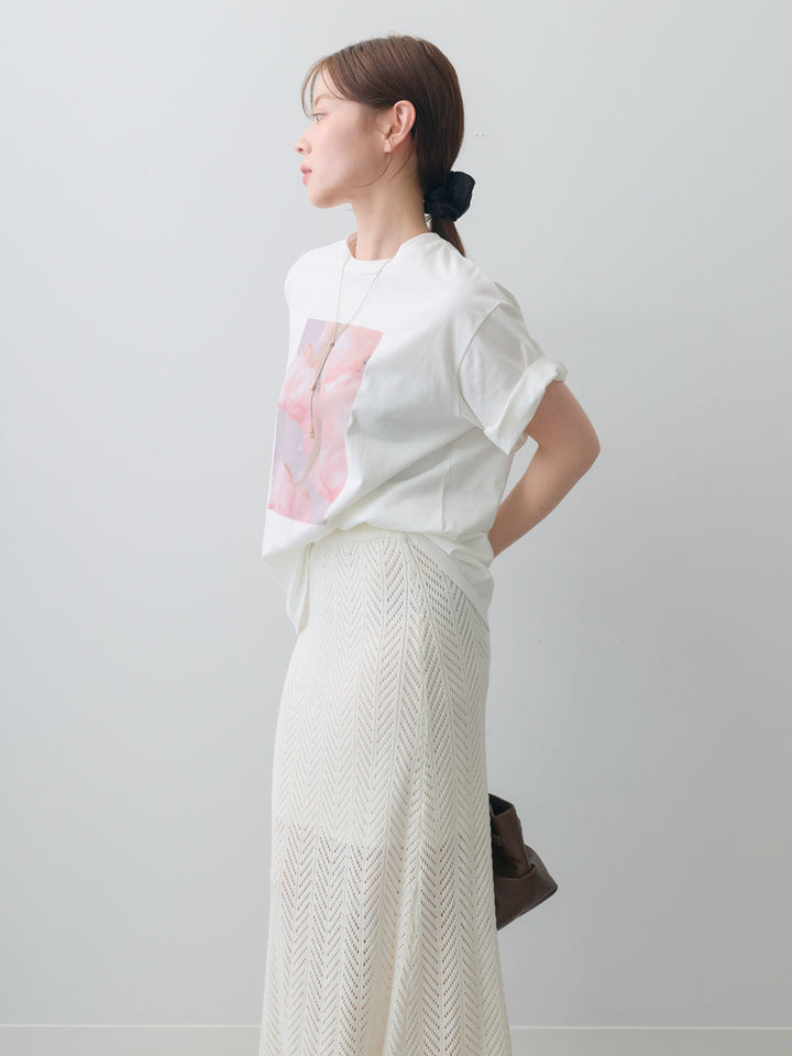 [SET]ニュアンスフローラルフォトTEE+クロシェシアーセミフレアスカート(2set)