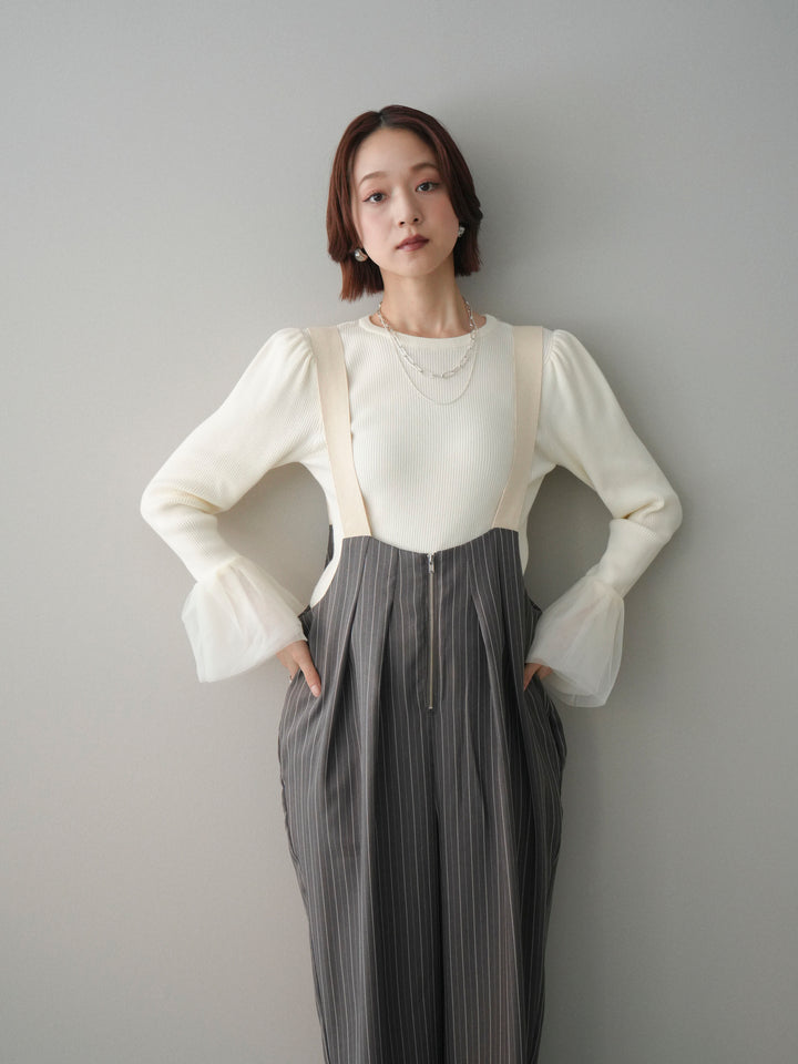 [SET]袖チュールパワショルリブニットトップス+グログランテープストライプサロペット(2set)