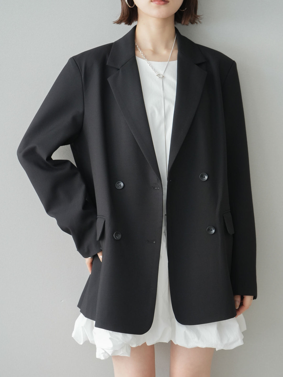 [SET]ノースリバルーンミニワンピース+ダブルブレストオーバージャケット(2set)