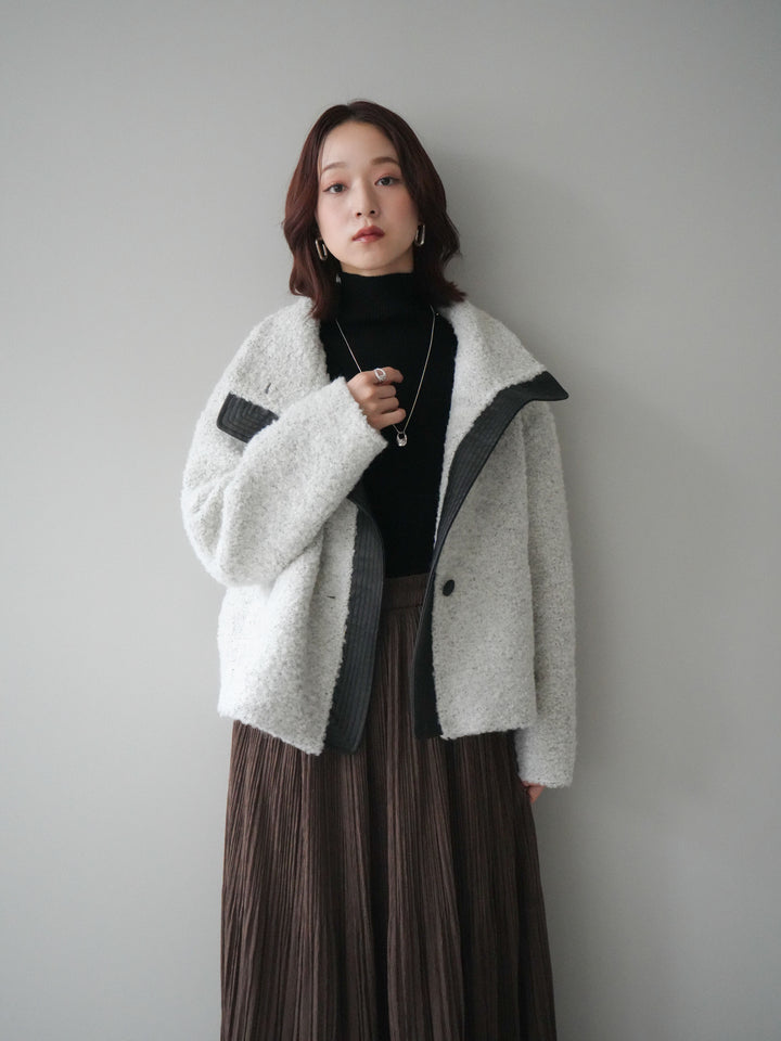 [SET]レザー切替ブークレブルゾン+袖ボタンボトルネックリブニットトップス+裾レーススウェードプリーツマキシスカート(3set)