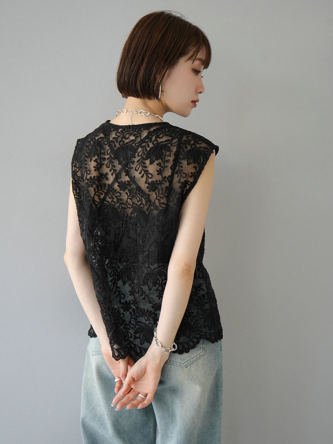 [SET] Front slit lace blouse + belt asymmetrical damaged denim (2set)