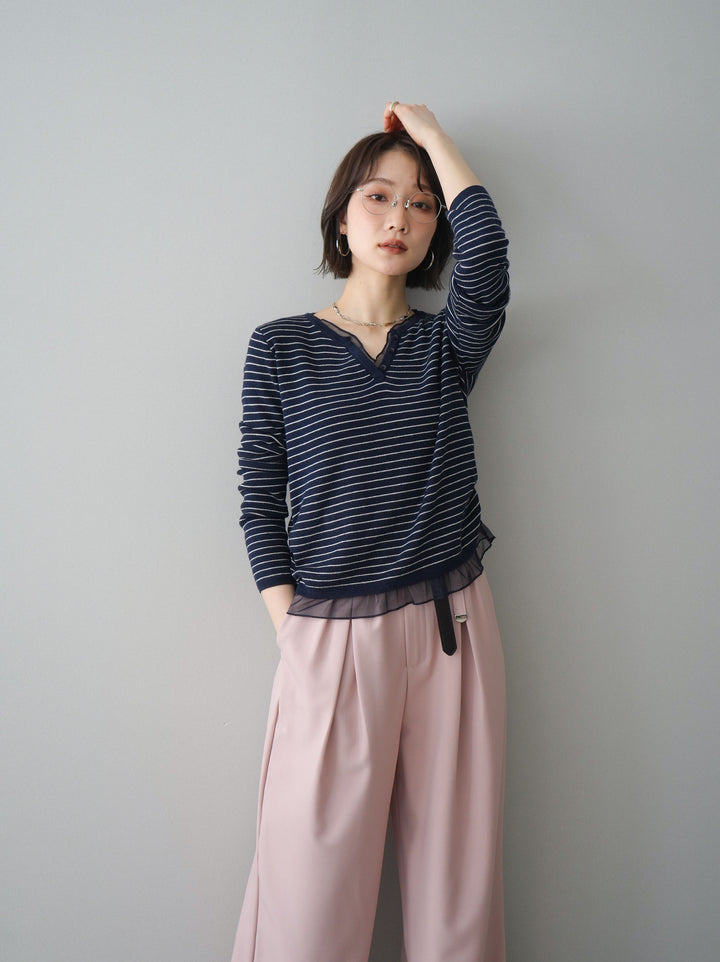 [SET]チュールレイヤードデザインボーダーニットトップス+選べるアクセセット(2set)