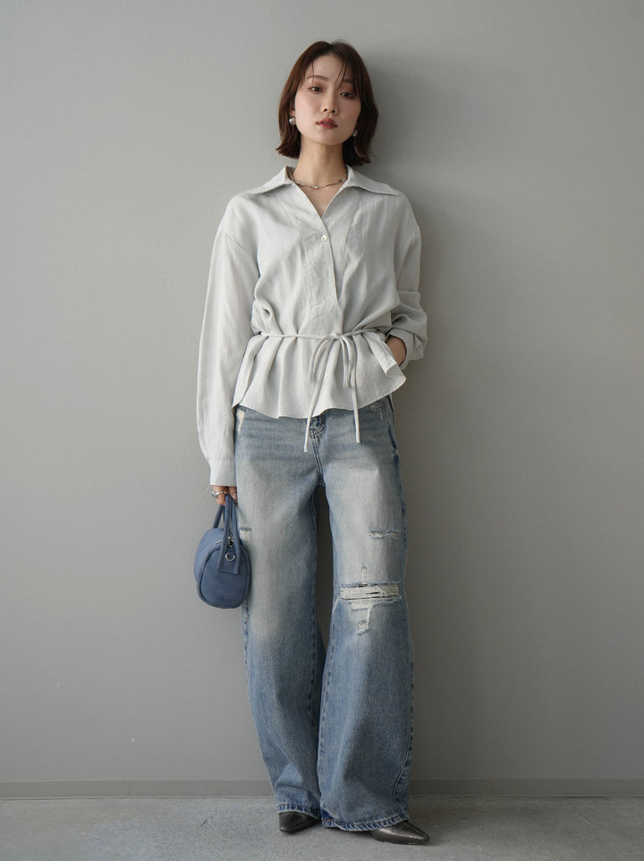 [SET]Vネック変形ラインシャツ+ダメージデニムセミワイドパンツ(2set)
