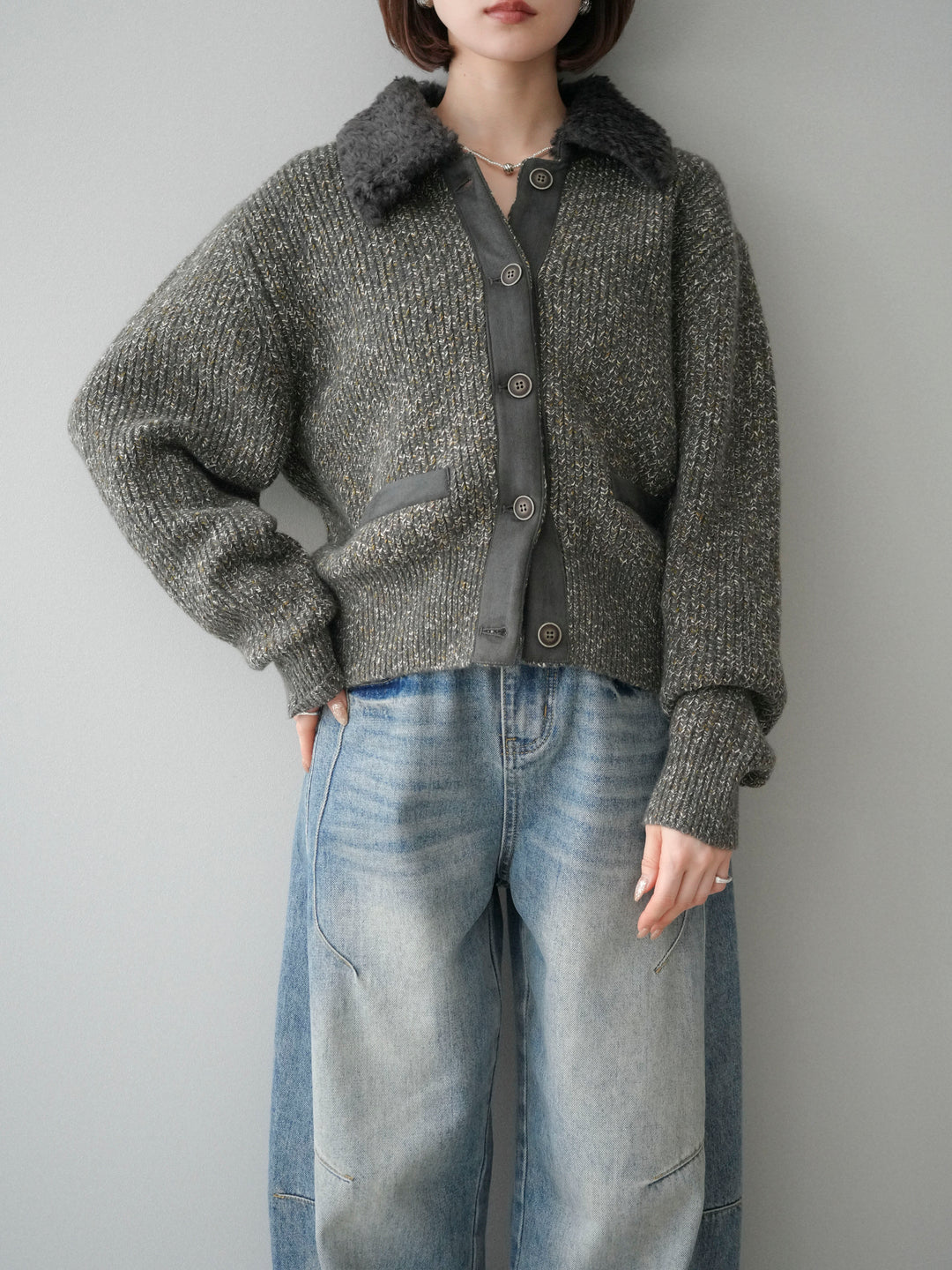 [予約]襟ボアミックスヤーンニットカーディガン/gray