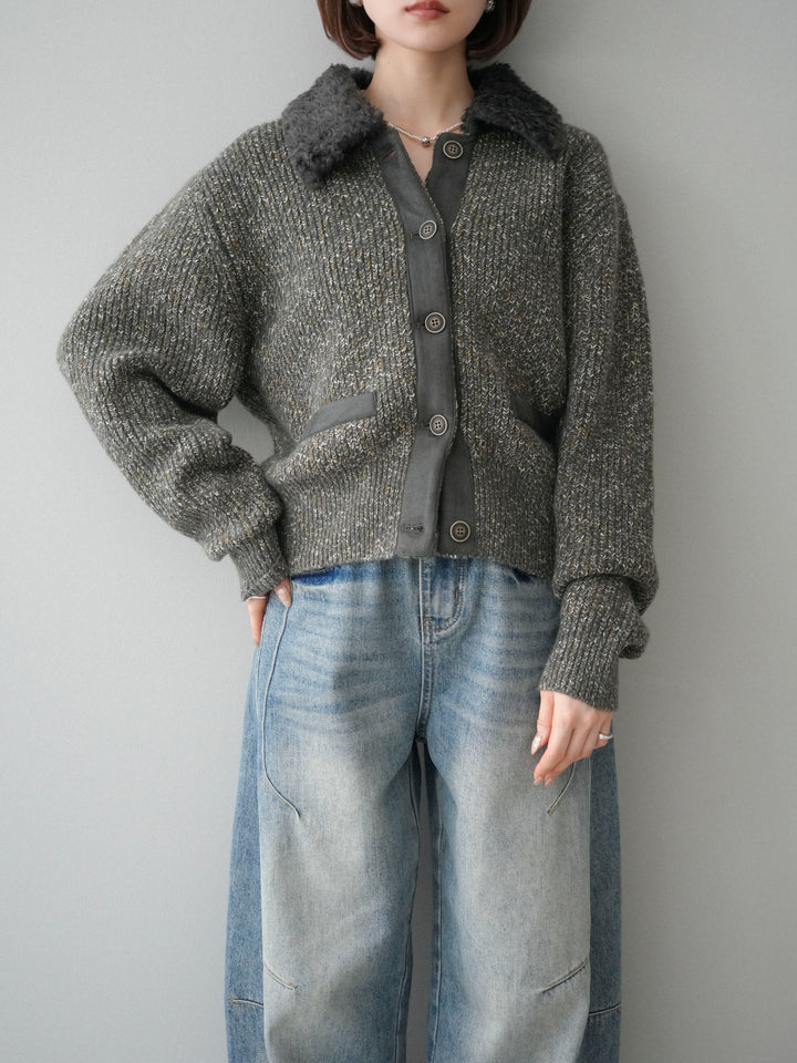 [予約]襟ボアミックスヤーンニットカーディガン/gray