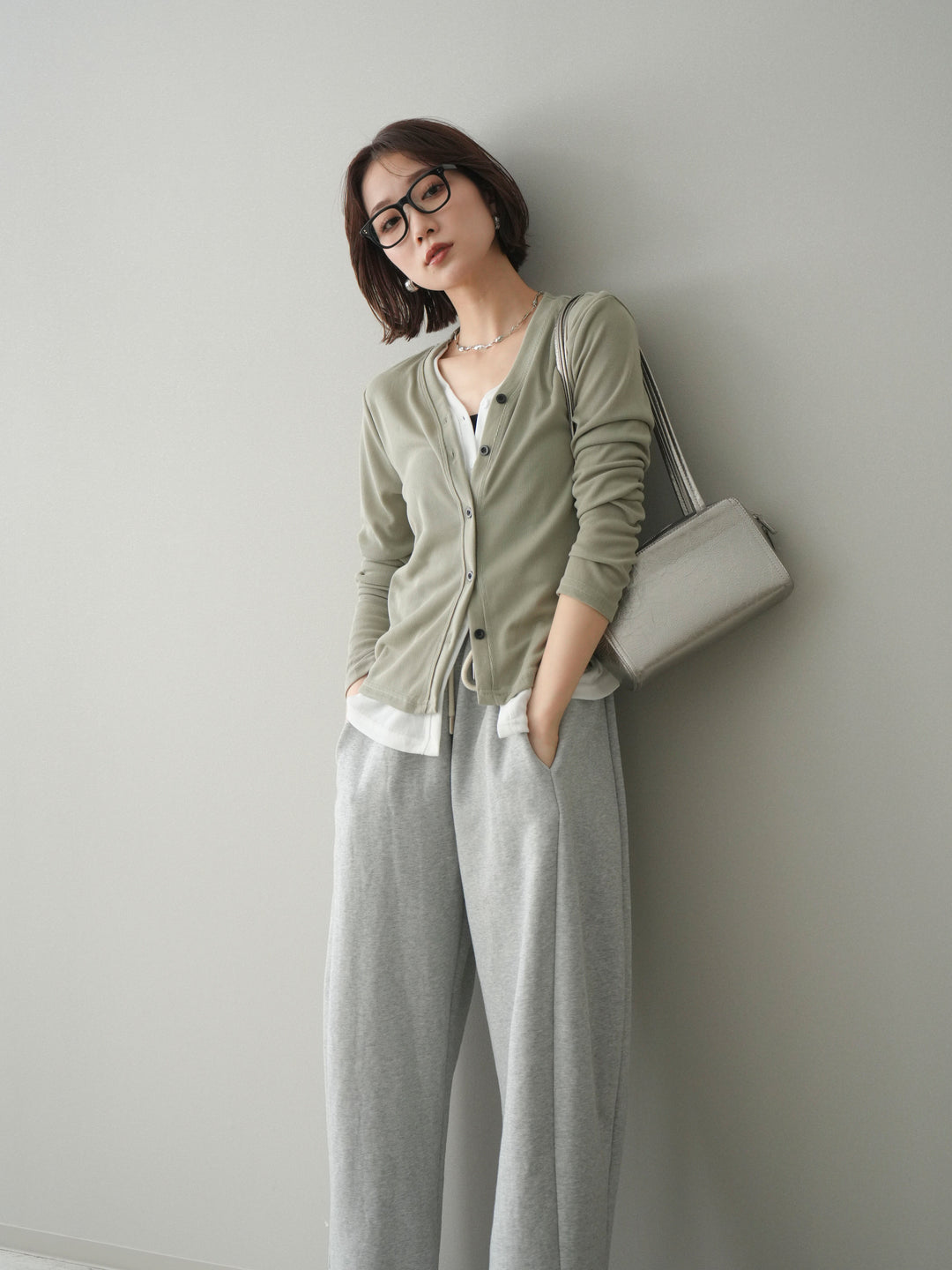 [予約]配色レイヤードカットリブカーディガン/lightgreen