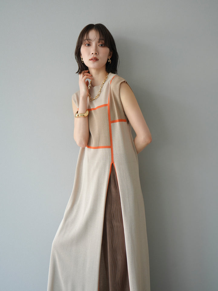 [予約]配色スリットニットワンピース/ベージュ