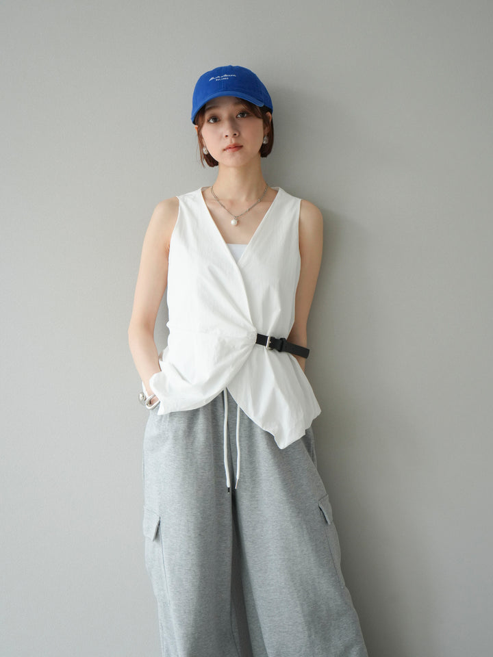 [SET]ベルトデザインバルーンブラウス+ウエストラインサイドポケットスウェットパンツ(2set)