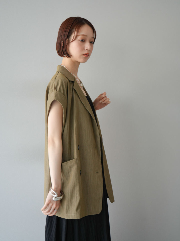 [SET]レーヨンシャーリングキャミワンピース+リネンライクノースリーブダブルジレ(2set)