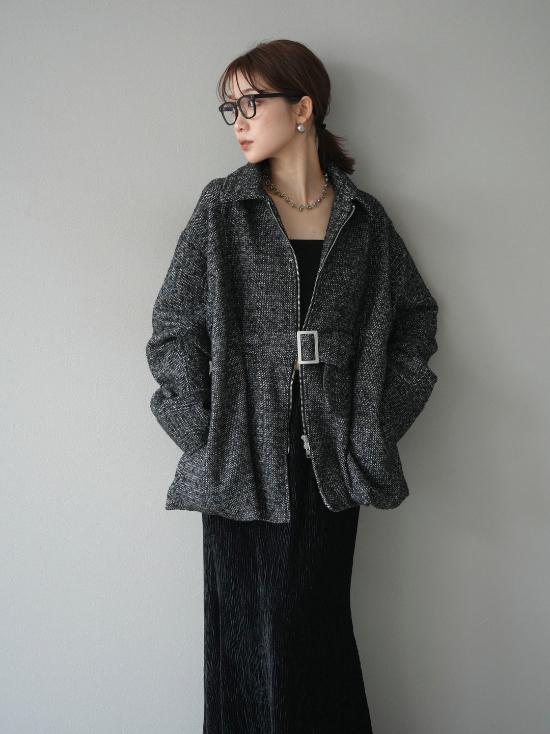 [予約]起毛ツイードベルトぺプラムジャケット/black