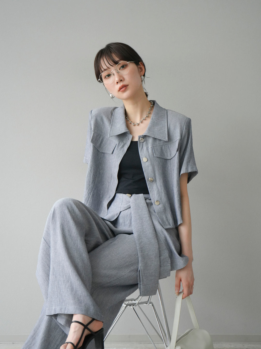 [SET]リネンタッチハーフシャツ＆ラップワイドパンツSET UP(2set)