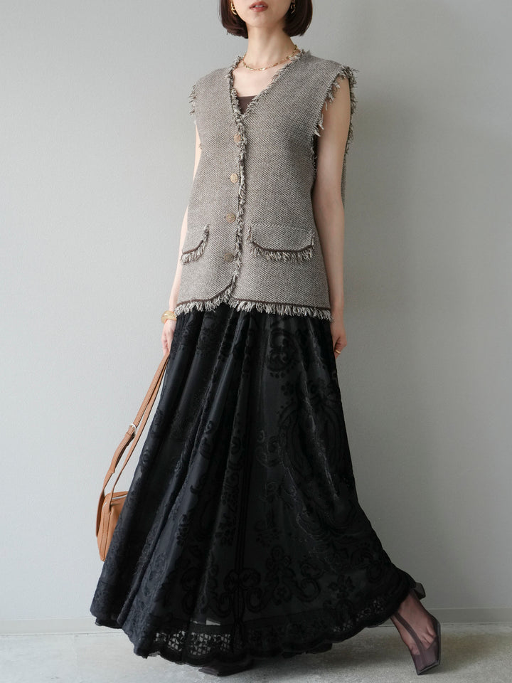 [予約]アンティーク柄フロッキーマキシスカート/ブラック