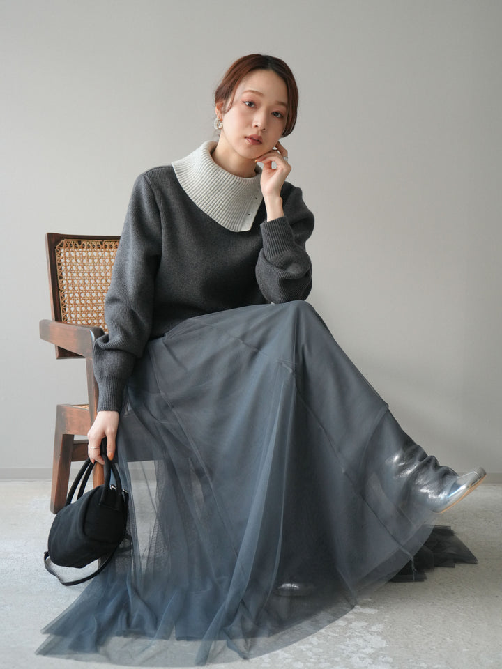 [予約]デザインネックバイカラーニットプルオーバー/charcoal