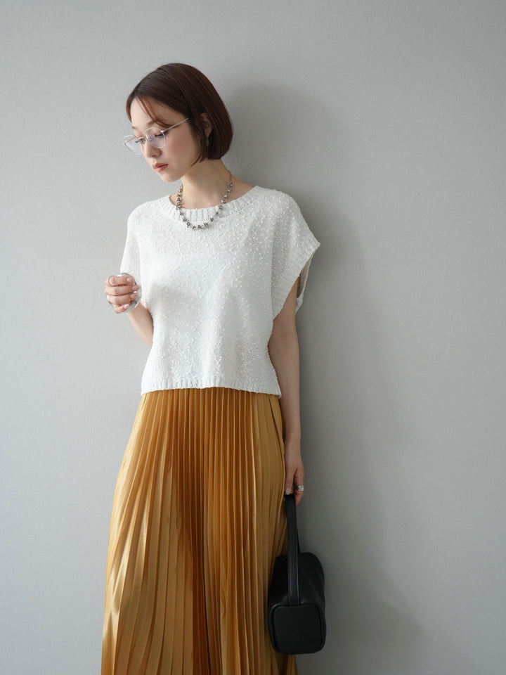 [SET]ネップヤーンクロップドニットベスト+サテンプリーツマキシスカート(2set)