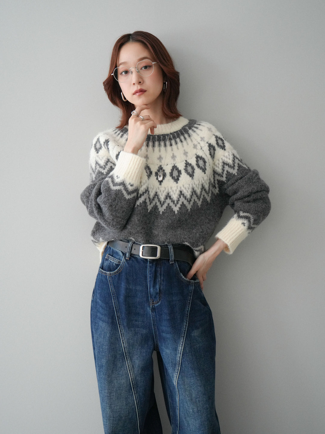 [予約]ノルディック柄ニットプルオーバー/gray