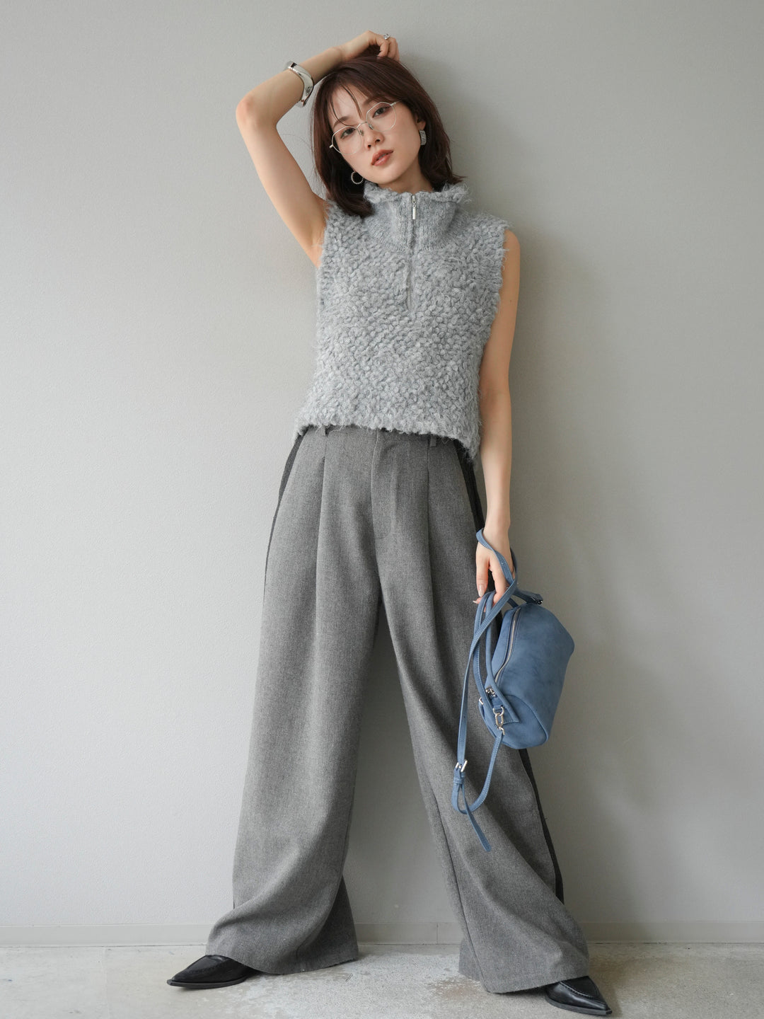 [予約]メランジブークレハーフジップニットベスト/モクグレー