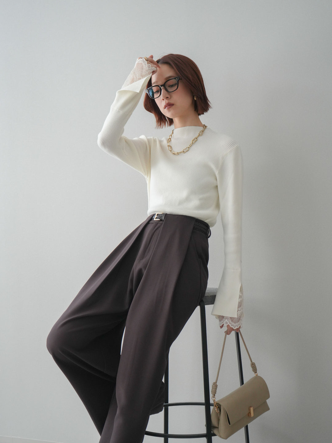 [SET]袖スカラップレースオフネックニットトップス+袖スカラップレースオフネックニットトップス(2set)