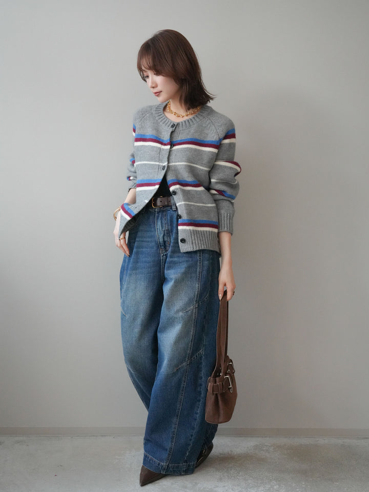 [SET]ランダムボーダーニットカーディガン+デザインステッチカーブデニムパンツ(2set)