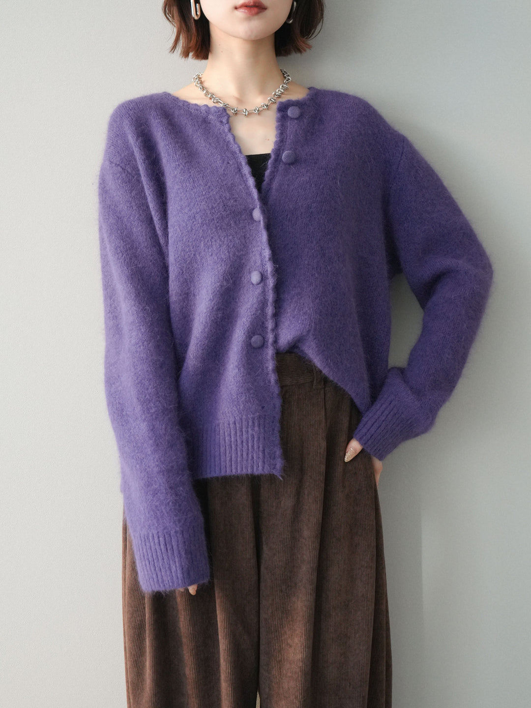 [予約]くるみボタンニットカーディガン/purple