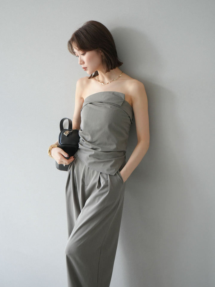 [SET] 條紋褶襉露肩上衣＆寬褲 SET UP (2set)