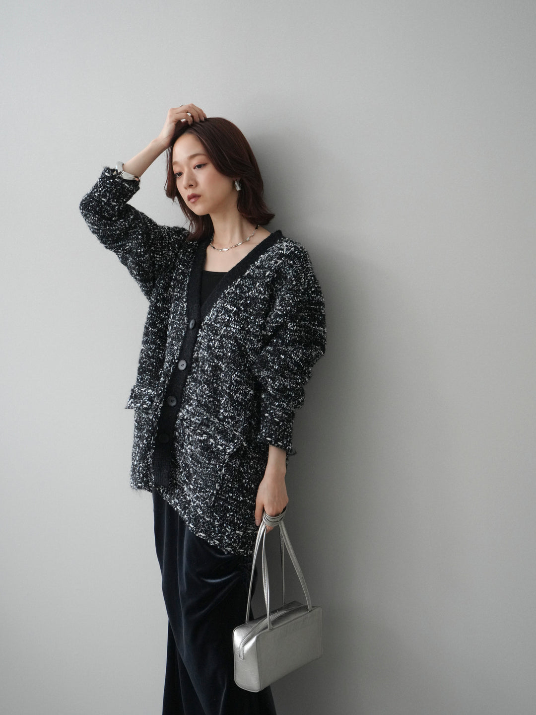 [SET]モールネップニットカーディガン+ギャザーベロアスカート(2set)