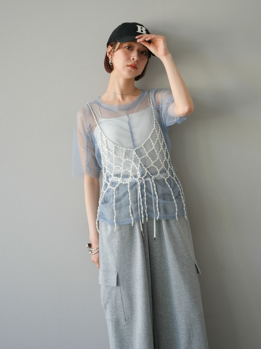 [SET]ラメチュールシャーリングプルオーバー+パールフリンジビスチェ+ウエストラインサイドポケットスウェットパンツ(3set)