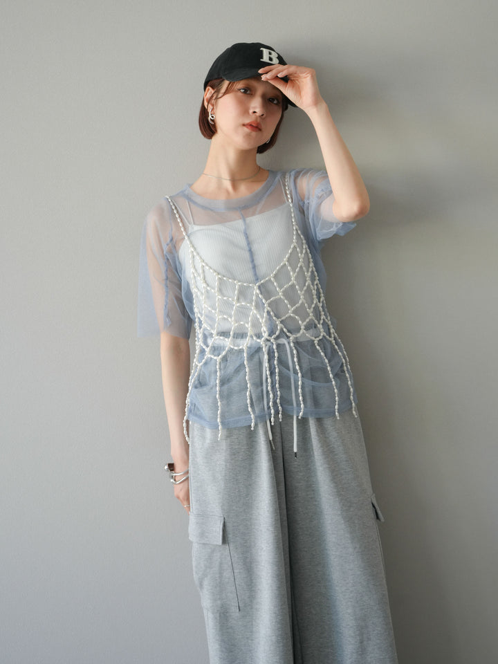 [SET]ラメチュールシャーリングプルオーバー+パールフリンジビスチェ+ウエストラインサイドポケットスウェットパンツ(3set)