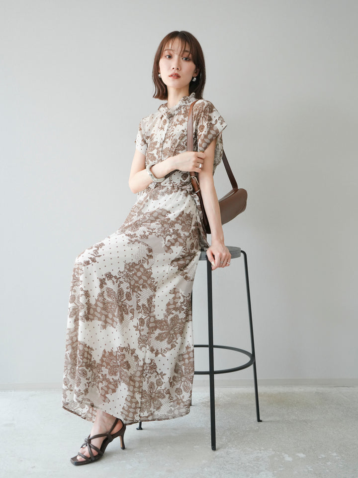 [SET] 花朵圖案法式袖襯衫 + 花朵圖案喇叭裙 (2 套)