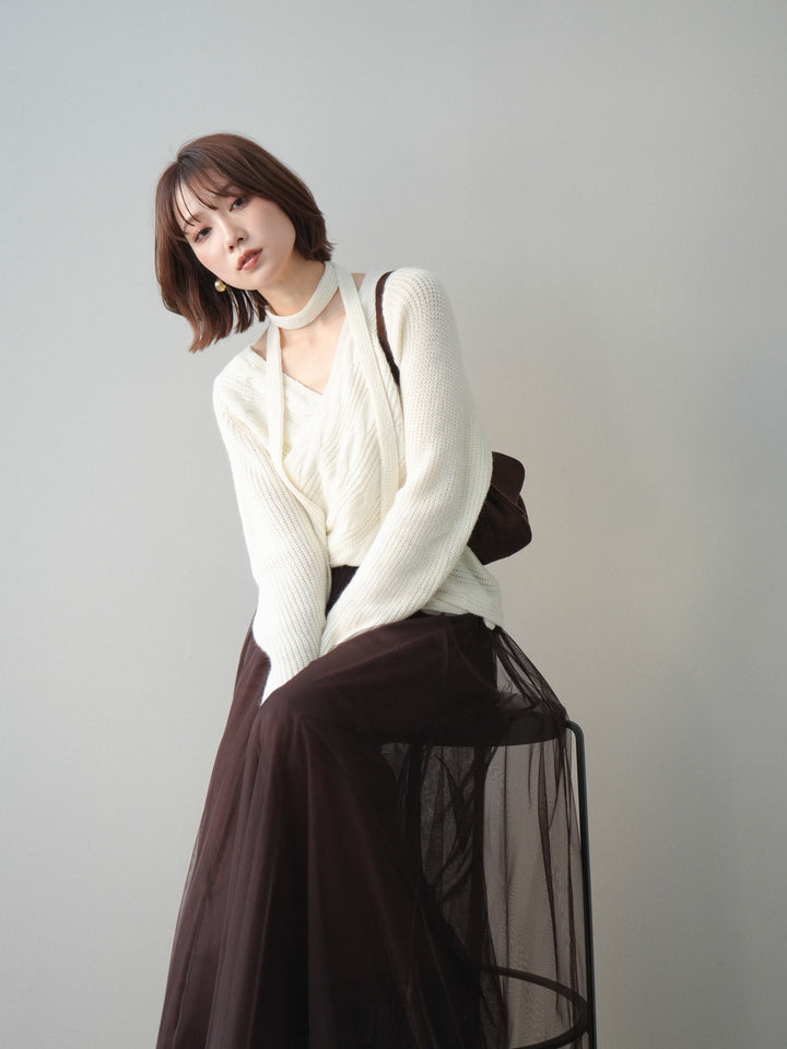 [予約]ケーブル編みクロスニットトップス/white