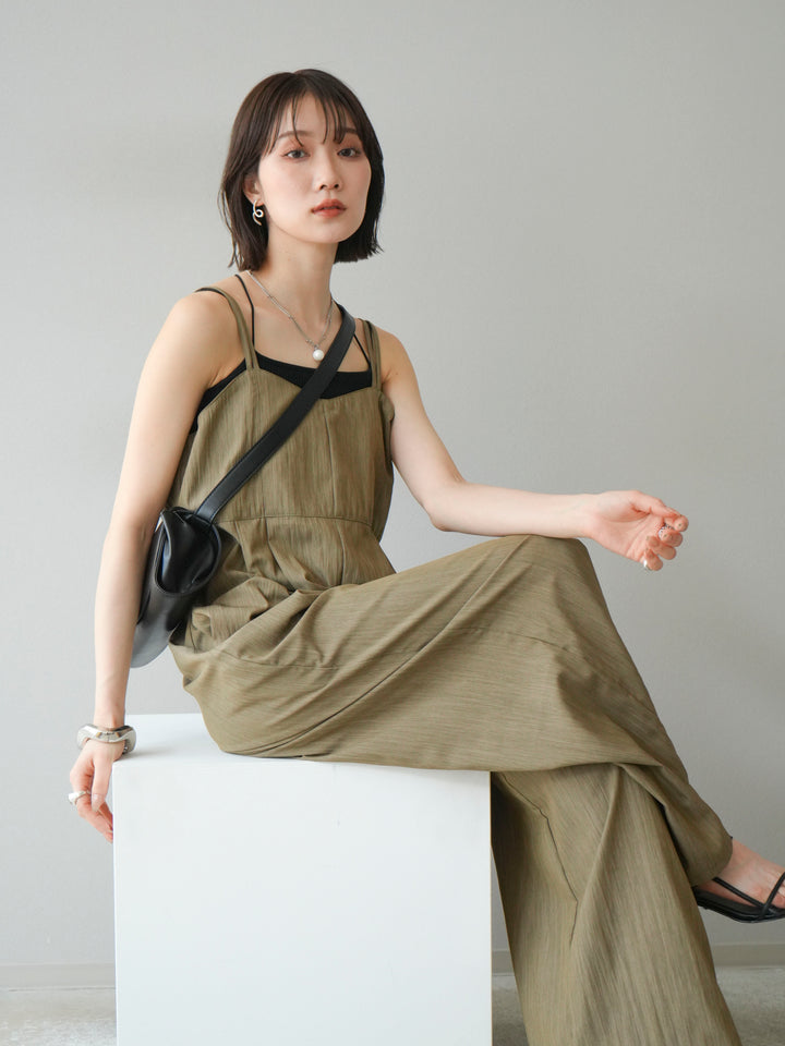 [SET]リネンライクビスチェデザインサロペット+ダブルストラップカットリブブラキャミソール(2set)