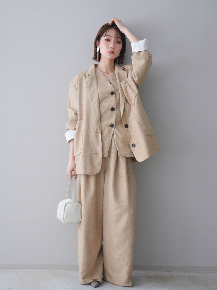 [SET]リネンライクテーラードジャケット+リネンライクバックオープンジレ+リネンライクタックワイドパンツ(3set)