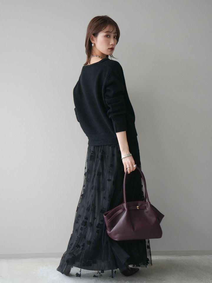 [SET]アンティークボタンニットカーディガン+フラワーフロッキーチュールプリーツスカート(2set)