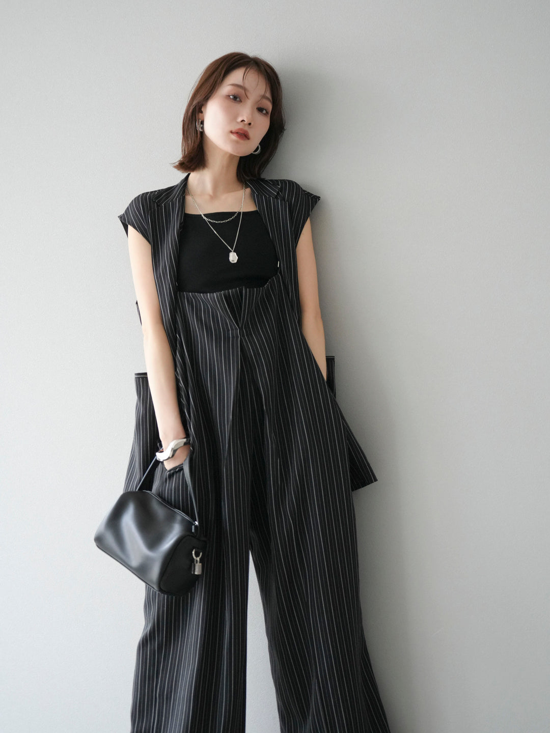 【着回しセット】[SET]ヘリンボーンストライプジレ+シアー切替ベロアトップス+ヘリンボーンストライプサロペット(3set)